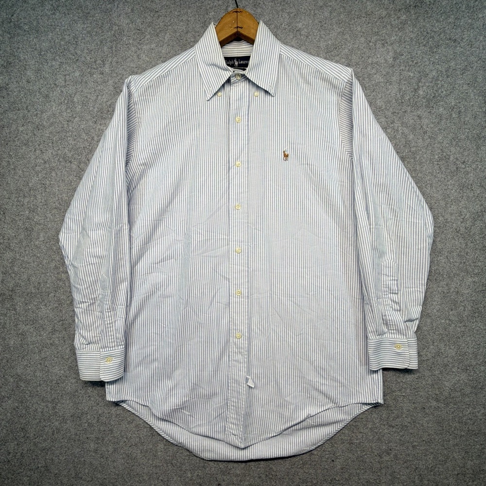 Polo Ralph Lauren Shirt Mens Medium Blue White Striped Oxford OCBD Flesh Pony